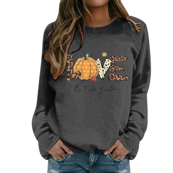 Fiaer Thanksgiving Women Sweatshirts Pumpkin Letter Graphic Fashion Pullover Loose Fit Long Sleeve Crew Neck Casual Tops Dark Gray S
