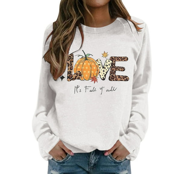 Fiaer Thanksgiving Women Sweatshirts Pumpkin Letter Graphic Fashion Pullover Loose Fit Long Sleeve Crew Neck Casual Tops White S