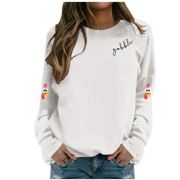 Fiaer Thanksgiving Women Sweatshirts Turkey Graphic Long Sleeve Pullovers Crew Neck Baggy Trendy Tops White S