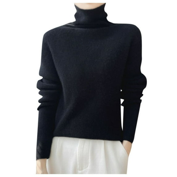 Fiaer Turtleneck Sweater for Women Plus Size Long Sleeve Warm Solid Color Trendy Lightweight Casual Knit Tops Black L