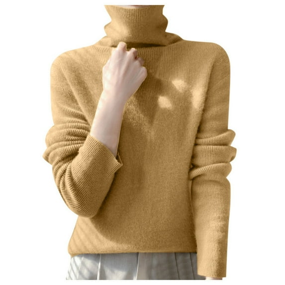 Fiaer Turtleneck Sweater for Women Plus Size Long Sleeve Warm Solid Color Trendy Lightweight Casual Knit Tops Gold XL