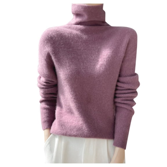 Fiaer Turtleneck Sweater for Women Plus Size Long Sleeve Warm Solid Color Trendy Lightweight Casual Knit Tops Purple XXL