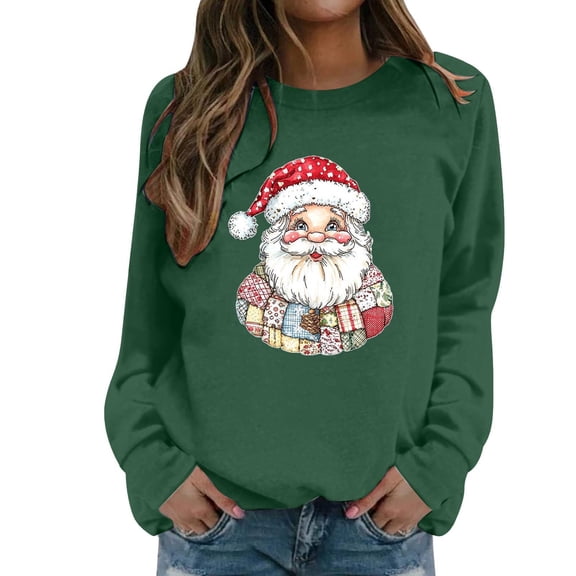 Fiaer Ugly Santa Womens Sweatshirts Christmas Crew Neck Plus Size Pullover Long Sleeve Baggy Fashion Cozy Tops Dark Green S