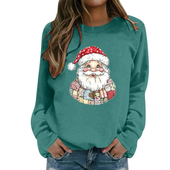Fiaer Santa Womens Sweatshirts Christmas Crew Neck Plus Size Pullover Long Sleeve Baggy Fashion Cozy Tops Green S