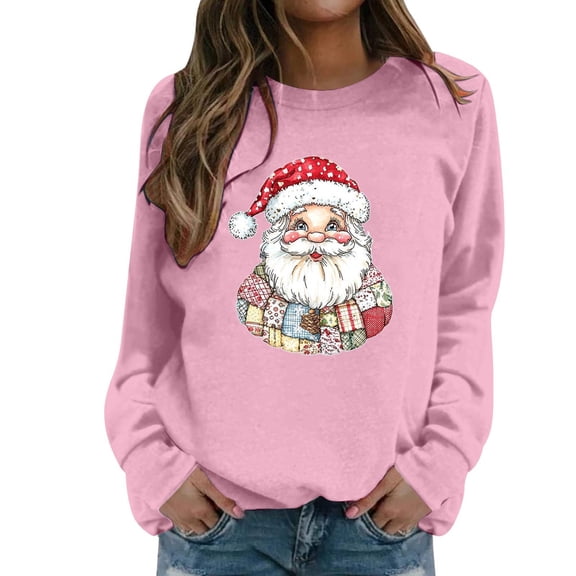 Fiaer Santa Womens Sweatshirts Christmas Crew Neck Plus Size Pullover Long Sleeve Baggy Fashion Cozy Tops Pink L