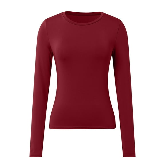 Fiaer Undershirts for Women Crew Neck Slim Fit T Shirts Plus Size Trendy Long Sleeve Tshirts Casual Comfort Tops Red M