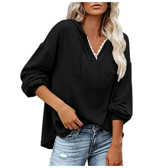 Fiaer,V Neck Hoodies for Women,Womens Lace Trim Plus Size Hooded Sweatshirts,Women's Drawstring Loose Fit Lightweight Solid Hooded Tops Black S