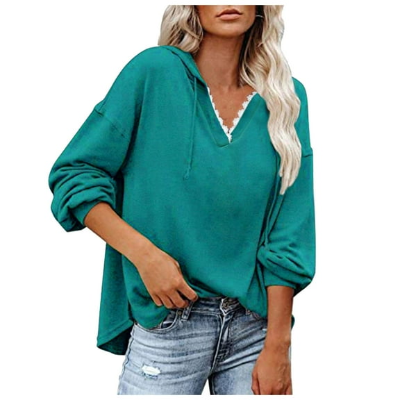 Fiaer,V Neck Hoodies for Women,Womens Lace Trim Plus Size Hooded Sweatshirts,Women's Drawstring Loose Fit Lightweight Solid Hooded Tops Blue XXL