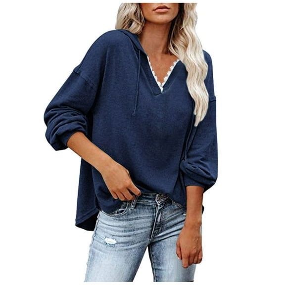 Fiaer,V Neck Hoodies for Women,Womens Lace Trim Plus Size Hooded Sweatshirts,Women's Drawstring Loose Fit Lightweight Solid Hooded Tops Navy XL