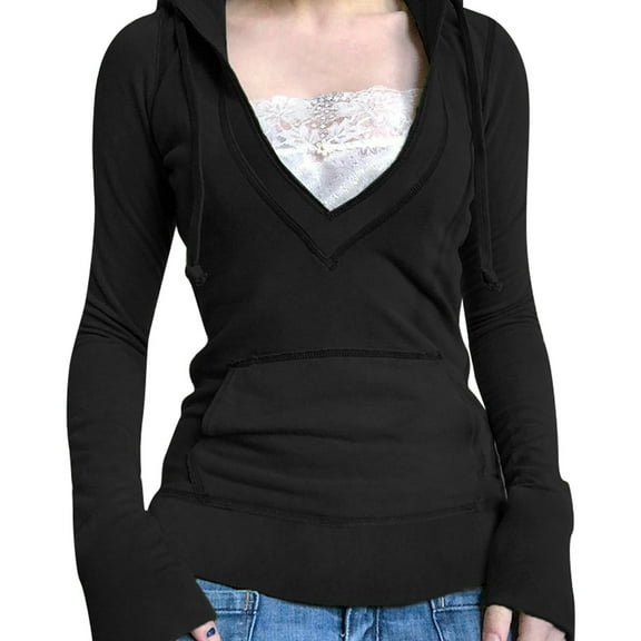 Fiaer,V Neck Lace Spliced Hoodies for Women,Womens Slim Fit Trendy Hooded Sweatshirts,Women's Solid Color Lightweight Drawstring Tops with Pockets Black M