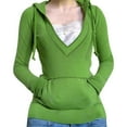thumbnail image 1 of Fiaer,V Neck Lace Spliced Hoodies for Women,Womens Slim Fit Trendy Hooded Sweatshirts,Women's Solid Color Lightweight Drawstring Tops with Pockets Green M, 1 of 4