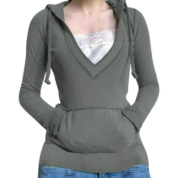 Fiaer,V Neck Lace Spliced Hoodies for Women,Womens Slim Fit Trendy Hooded Sweatshirts,Women's Solid Color Lightweight Drawstring Tops with Pockets Grey M