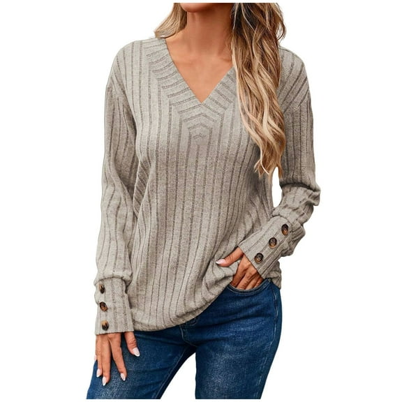 Fiaer V Neck Long Sleeve Sweaters for Women Casual Fall Tops Lightweight Tunic Fashion Loose Fit 2025 Plus Size Clothes Beige M