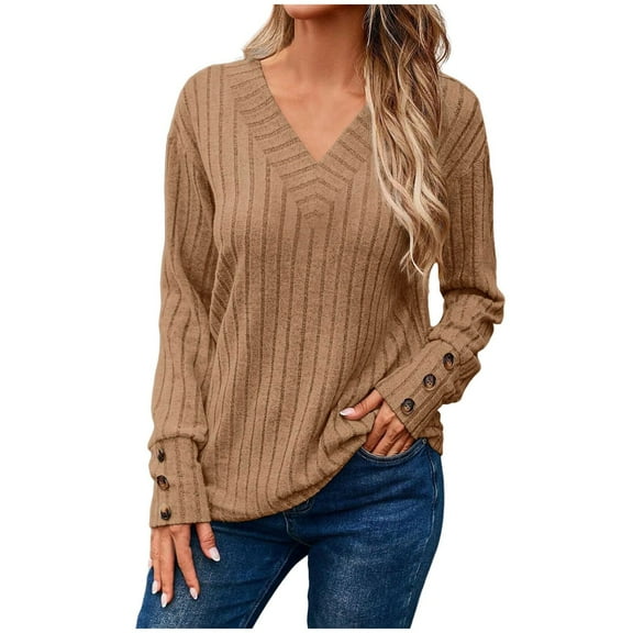 Fiaer V Neck Long Sleeve Sweaters for Women Casual Fall Tops Lightweight Tunic Fashion Loose Fit 2025 Plus Size Clothes Coffee M