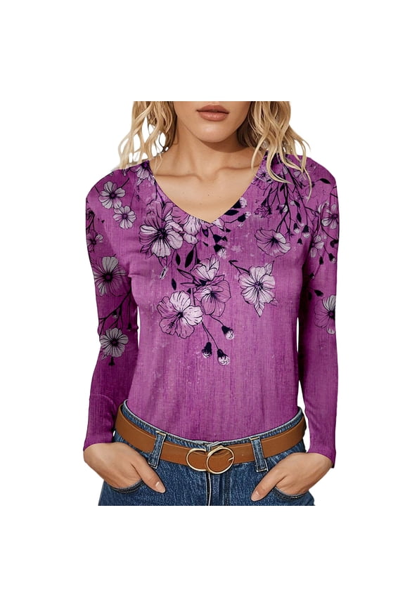 V Neck Long Sleeve T Shirts for Women V Neck Oversized Tshirts Floral Printed Loose Fit Fashion Tops Dark Purple XL