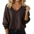 thumbnail image 1 of Fiaer V Neck Oversized Sweaters for Women Long Sleeve Warm Knitted Loose Fit Casual Pullover Trendy Comfort Tops Coffee XL, 1 of 4