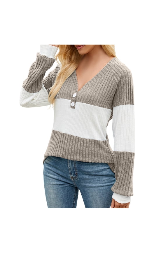 V Neck Sweaters for Women Plus Size Color Blocking Button Long Sleeve Loose Fit Casual Trendy Comfort Knit Tops Khaki L