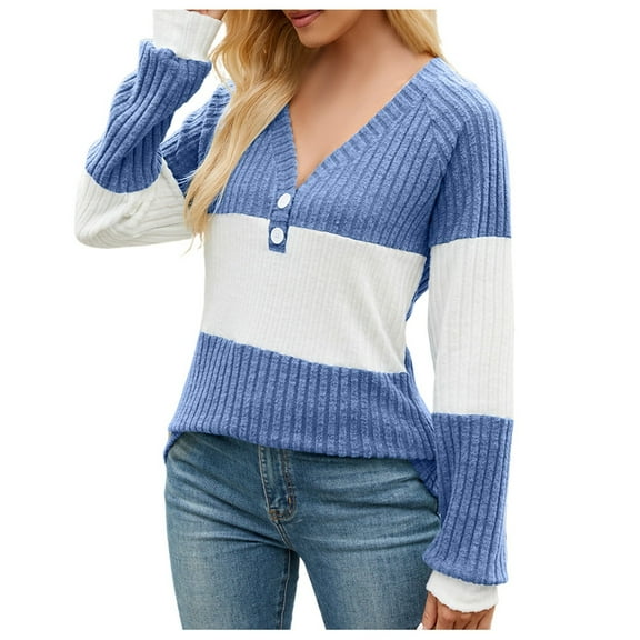 Fiaer V Neck Sweaters for Women Plus Size Color Blocking Button Long Sleeve Loose Fit Casual Trendy Comfort Knit Tops Sky Blue S