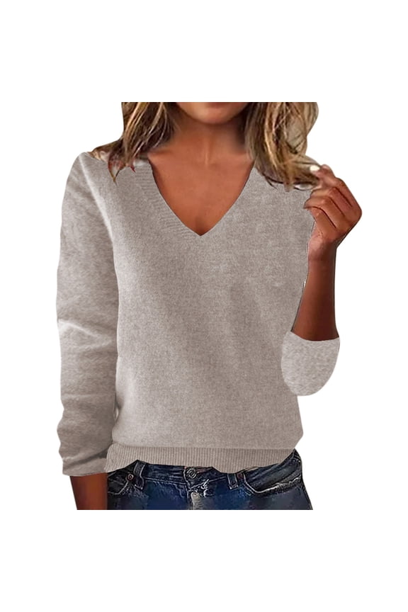 V Neck Sweaters for Women Plus Size Trendy Long Sleeve Casual Loose Fit Solid Lightweight Pullover Tops Brown L