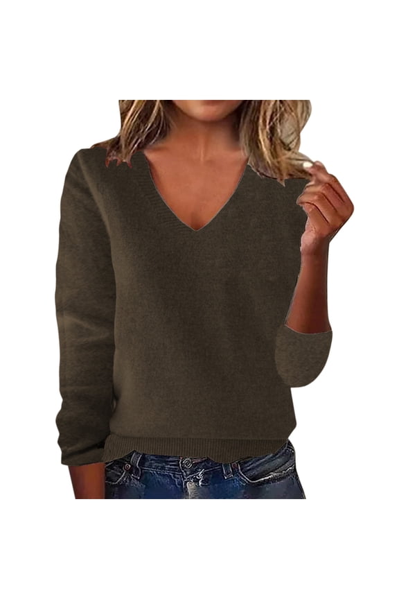 V Neck Sweaters for Women Plus Size Trendy Long Sleeve Casual Loose Fit Solid Lightweight Pullover Tops Coffee L