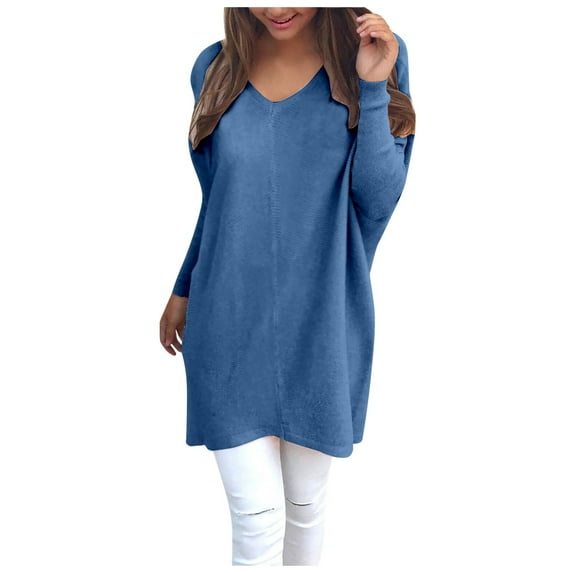 Fiaer V Neck Womens T Shirts Long Sleeve Plus Size Long Tops Solid Color Casual Fashion Fall Relaxed Fit Tops Blue XL