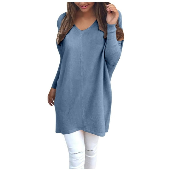 Fiaer V Neck Womens T Shirts Long Sleeve Plus Size Long Tops Solid Color Casual Fashion Fall Relaxed Fit Tops Sky Blue S