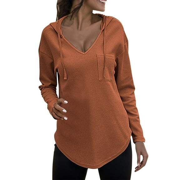 Fiaer,Waffle Deep V Neck Hooded Sweatshirts for Women,Women's Loose Fit Plus Size Hoodies,Drawstring Solid Color Lightweight Tops with Pocket Brown XL
