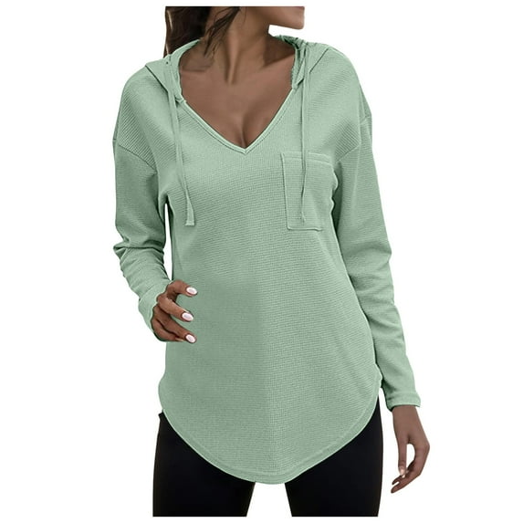 Fiaer,Waffle Deep V Neck Hooded Sweatshirts for Women,Women's Loose Fit Plus Size Hoodies,Drawstring Solid Color Lightweight Tops with Pocket Mint Green L