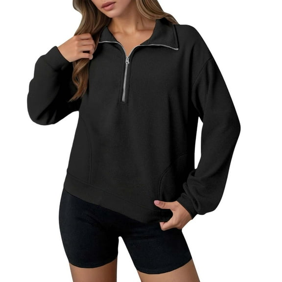 Fiaer,Waffle Half Zip Pullovers for Women,Womens Long Sleeve V Neck Plus Size Lapel Collared Casual Sweatshirts with Pocket Black M