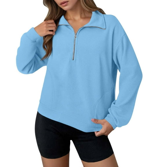 Fiaer,Waffle Half Zip Pullovers for Women,Womens Long Sleeve V Neck Plus Size Lapel Collared Casual Sweatshirts with Pocket Blue M