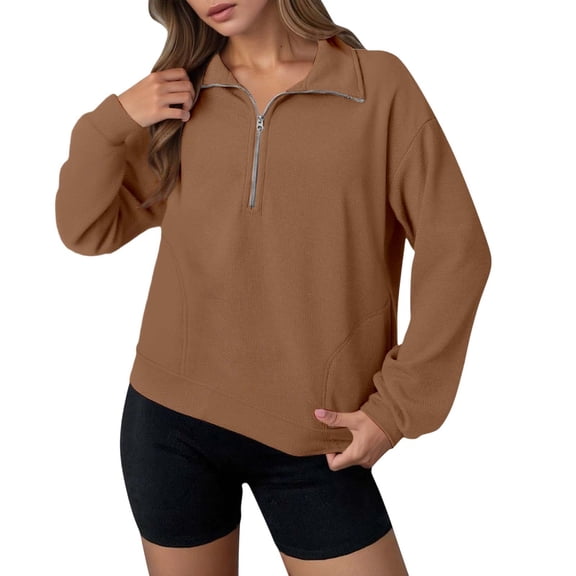 Fiaer,Waffle Half Zip Pullovers for Women,Womens Long Sleeve V Neck Plus Size Lapel Collared Casual Sweatshirts with Pocket Brown XL