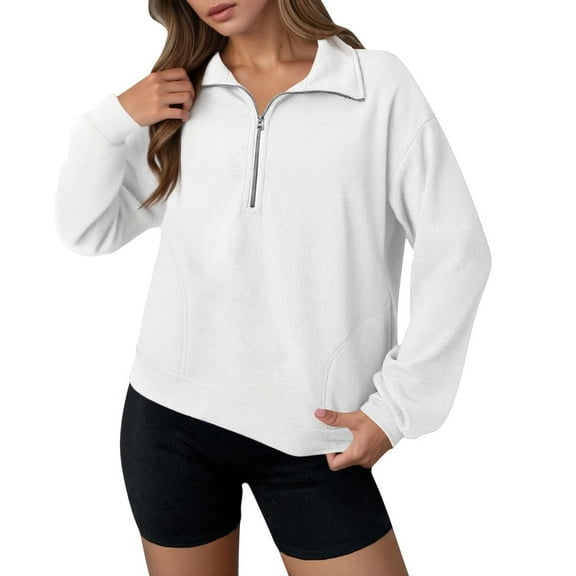 Fiaer,Waffle Half Zip Pullovers for Women,Womens Long Sleeve V Neck Plus Size Lapel Collared Casual Sweatshirts with Pocket White XXL