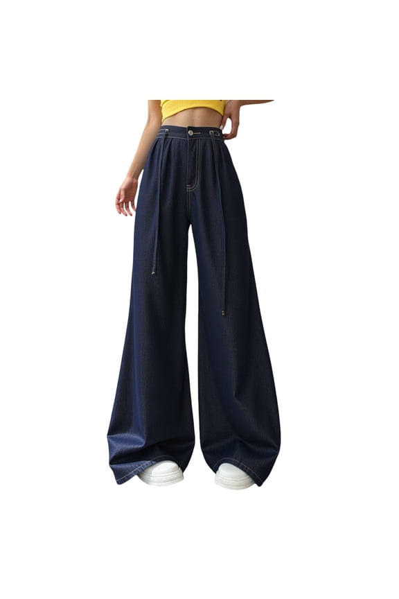 ,Wide Leg Jeans High Wasited Drawstring Baggy Denim Pants with Pockets Plus Size Loose Fit Palazzo Trousers Dark Blue S
