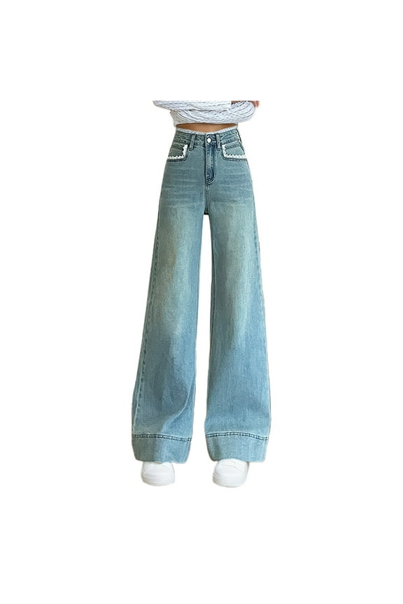 ,Wide Leg Jeans for Women High Waisted Plus Size Stretchy Straight Denim Pants Leg Boyfriend Baggy Lace Trim Jeans Trousers Light Blue XS