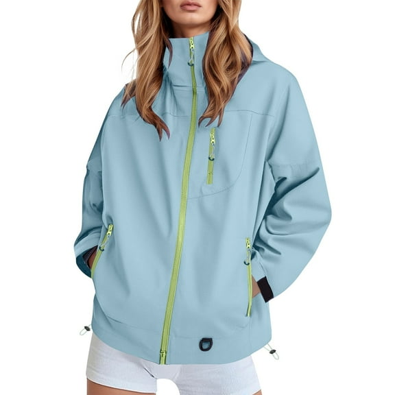 Fiaer,Windbreaker Oversized Drawstring Jackets for Women,Women's Waterproof Lightweight Outerwear,Ladies Outdoor Hooded Travel Hiking Cycling Sports Hooded Tops Blue M