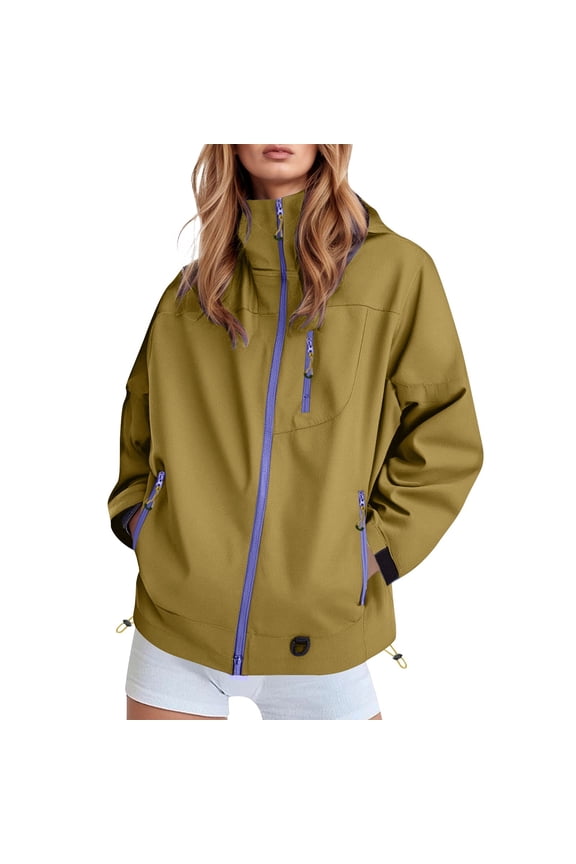 ,Windbreaker Oversized Drawstring Jackets for Women,Women's Waterproof Lightweight Outerwear,Ladies Outdoor Hooded Travel Hiking Cycling Sports Hooded Tops Yellow XL