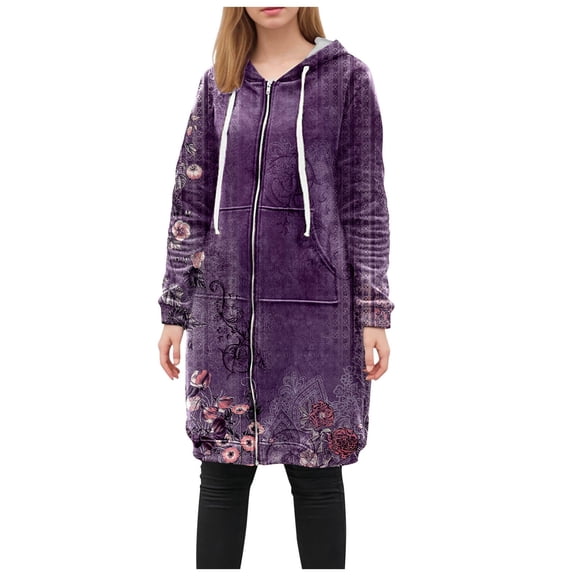 Fiaer Winter Jackets for Women Warm Thermal Floral Printed Plus Size Long Hoodie Full Zip up Hooded Sweatshirts Casual Fashion Drawstring Hooded Tops with Pocket Purple S