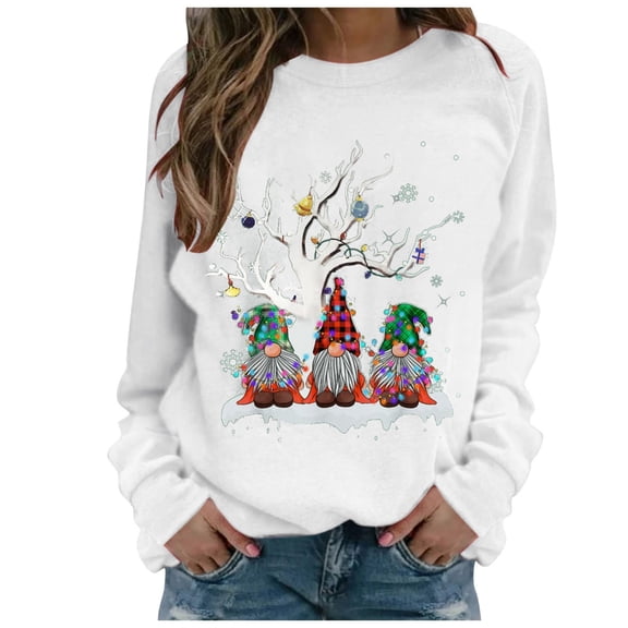 Fiaer Woman Sweatshirts Christmas Cute Graphic Crew Neck Tops Long Sleeve Baggy Plus Size Casual Xmas Pullover for Fall White XXL