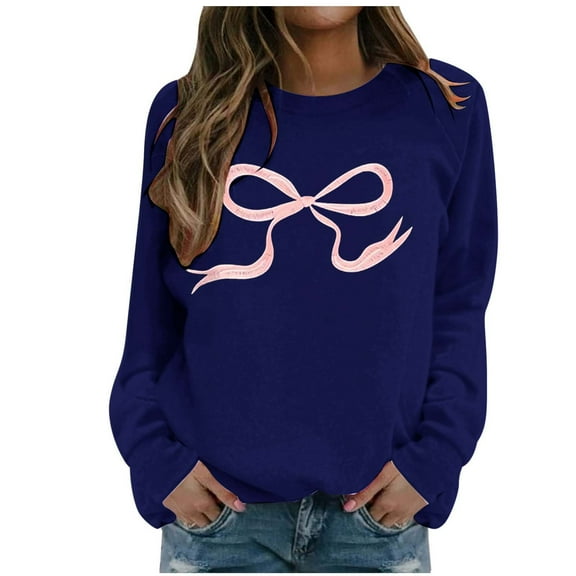 Fiaer Woman Sweatshirts Trendy Crew Neck Bow Graphic Long Sleeve Pullover Oversized Baggy Fit Casual Solid Comfort Tops Navy L