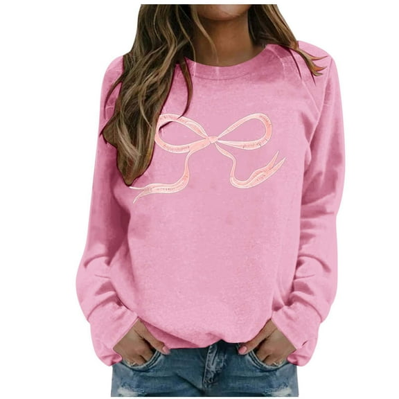 Fiaer Woman Sweatshirts Trendy Crew Neck Bow Graphic Long Sleeve Pullover Oversized Baggy Fit Casual Solid Comfort Tops Pink XL