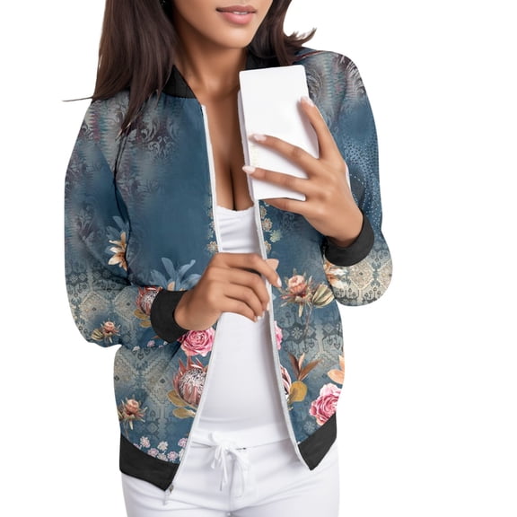 Fiaer Women Baseball Jacket Full Zip up Floral Printed Thermal Sweatshirts Warm Crew Neck Trendy Pocket Tops Blue L