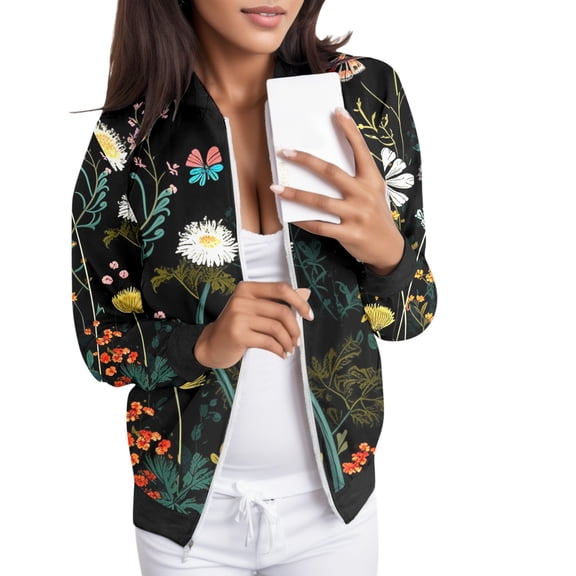Fiaer Women Baseball Jacket Full Zip up Floral Printed Thermal Sweatshirts Warm Crew Neck Trendy Pocket Tops Navy L