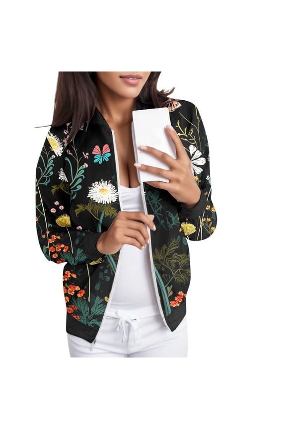 Women Baseball Jacket Full Zip up Floral Printed Thermal Sweatshirts Warm Crew Neck Trendy Pocket Tops Navy M
