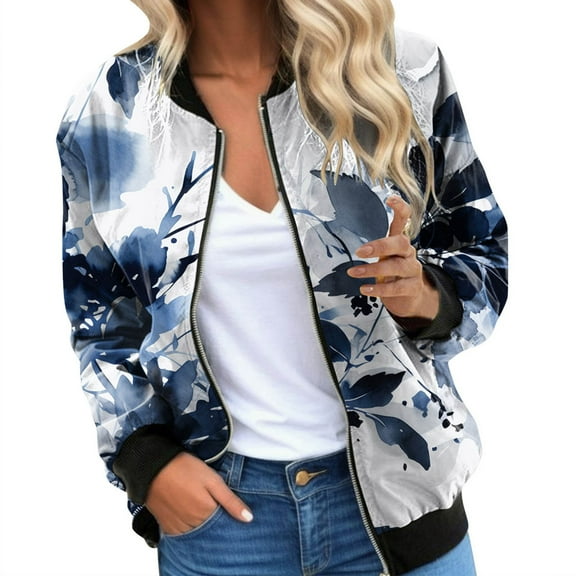 Fiaer Women Baseball Jacket Plus Size Loose Fit Full Zip up Floral Printed Trendy Casual Comfort Tops with Pocket Navy S
