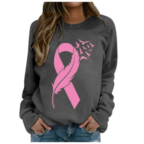 Fiaer,Women Cancer Sweatshirt Pink Ribbon Plus Size Tops Cancer Awareness Long Sleeve Casual Fall Crewneck Pullover Dark Gray XXL