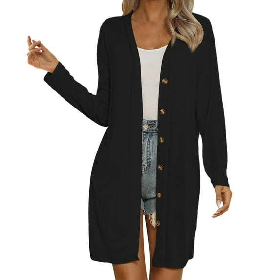 Fiaer Women Button down Long Sweaters Long Sleeve V-Neck Lightweight Trendy Solid Breathable Knit Tops Black L