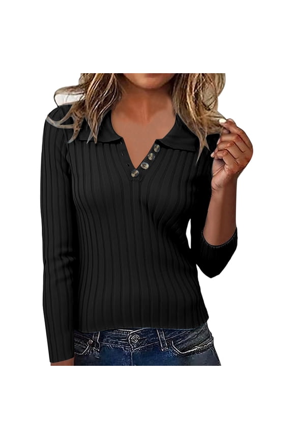 Women Button up Sweaters V Neck Lapel Collared Slim Fit Long Sleeve Trendy Solid Breathable Elegant Knitted Tops Black L