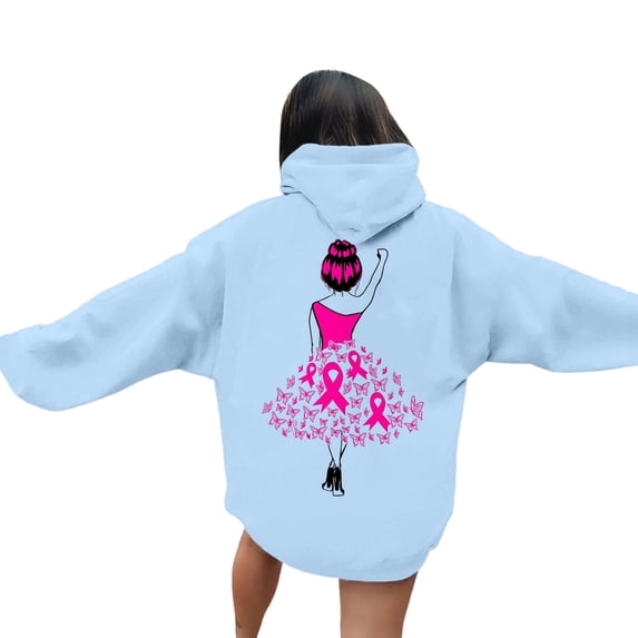 Fiaer,Women Cancer Sweatshirts Breast Cancer Hoodies Pink Ribbon with Butterfly Graphic Plus Size Tops Cancer Awareness Support Blue S