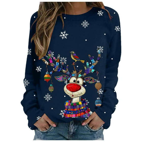 Fiaer Women Christmas Sweatshirts Deer Snowflakes Graphic Crew Neck Pullovers Long Sleeve Loose Fit Trendy Tops Navy L