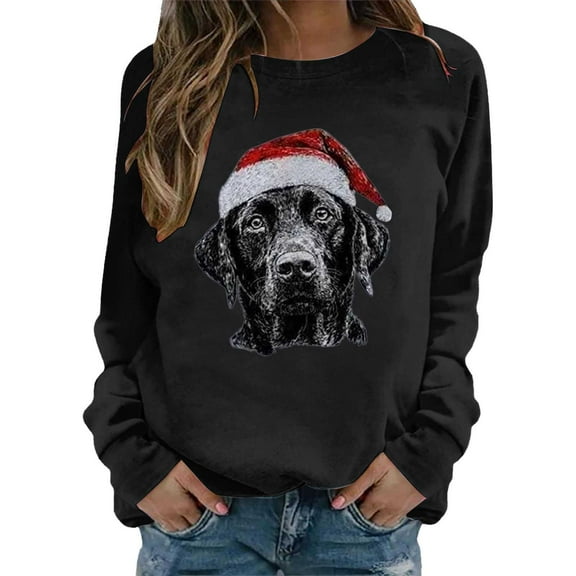 Fiaer Women Christmas Sweatshirts Plus Size Baggy Xmas Tops Dog Printed Fashion Long Sleeve Crew Neck Comfy Holiday Pullover Black M